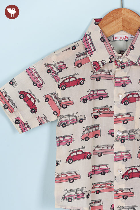 Cambric Cotton Boys Short Sleeve Shirt in Car Print