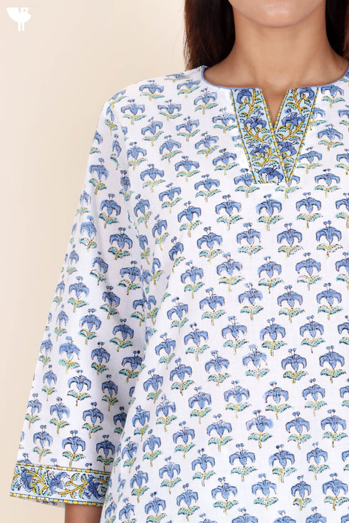 Cotton Kurta Pant And Dupatta Set In Block Print
