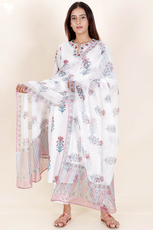 Cotton Kurta Pant And Dupatta Set In Floral Block Print