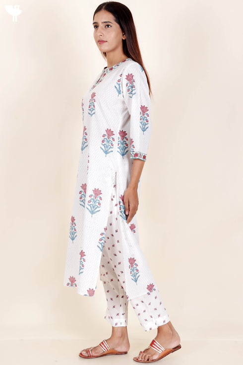 Cotton Kurta Pant And Dupatta Set In Floral Block Print
