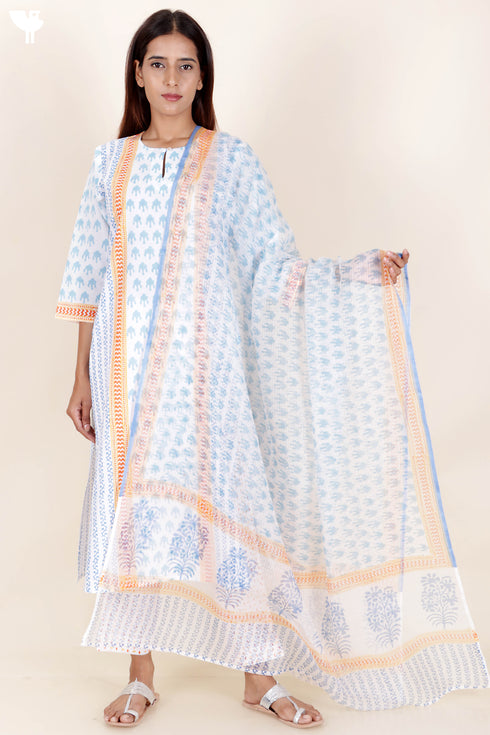 Cotton Kurta Pant And Dupatta Set In Block Print