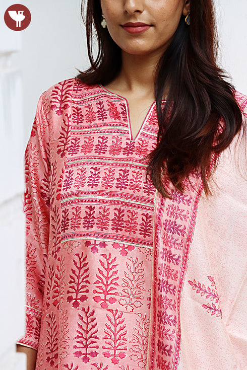 Chanderi Silk Kurta Dupatta And Pant Set With Block Print