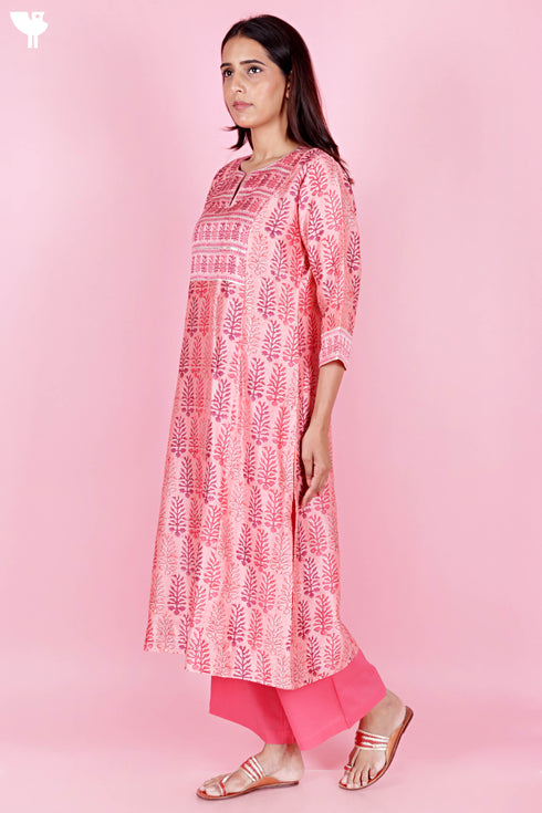 Chanderi Silk Kurta Dupatta And Pant Set With Block Print