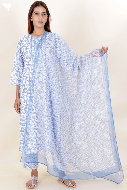 Bizzy Lizzy Kurta And Pant Set With Kota Dupatta In Block Print