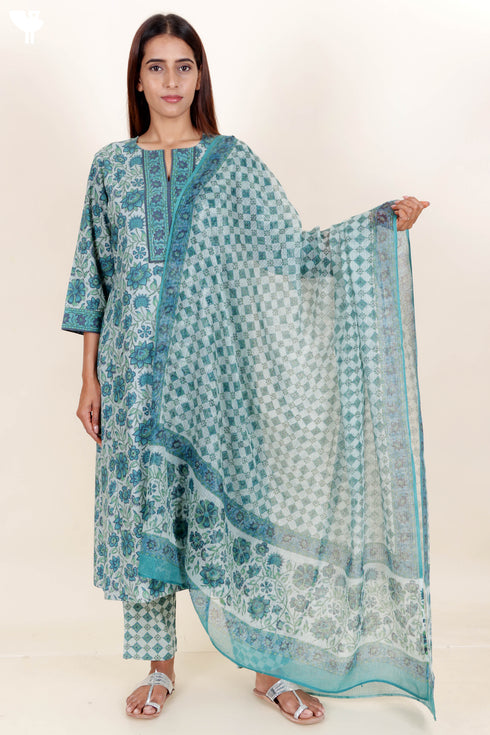 Bizzy Lizzy Kurta Pant With Kota Dupatta Set In Block Print