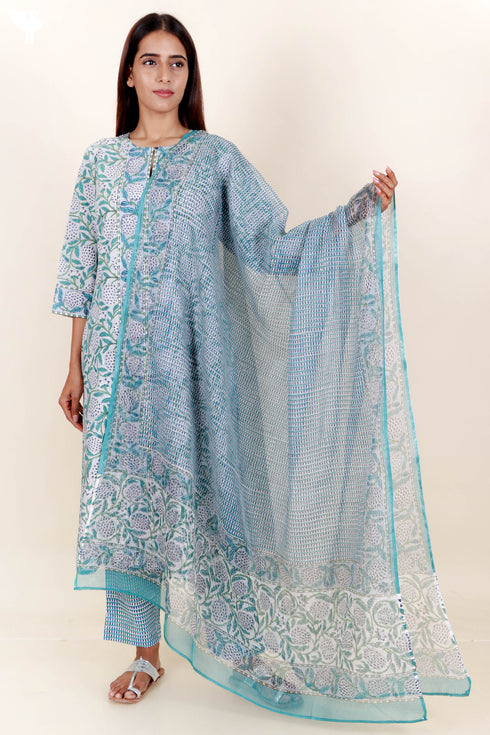 Bizzy Lizzy Kurta Pant Set With Kota Dupatta In Block Print