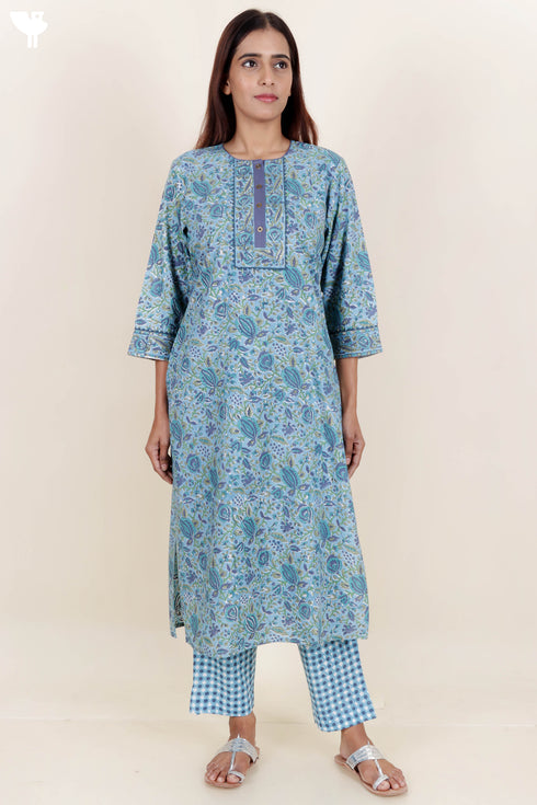 Bizzy Lizzy Kurta Pant Set With Kota Dupatta In Block Print