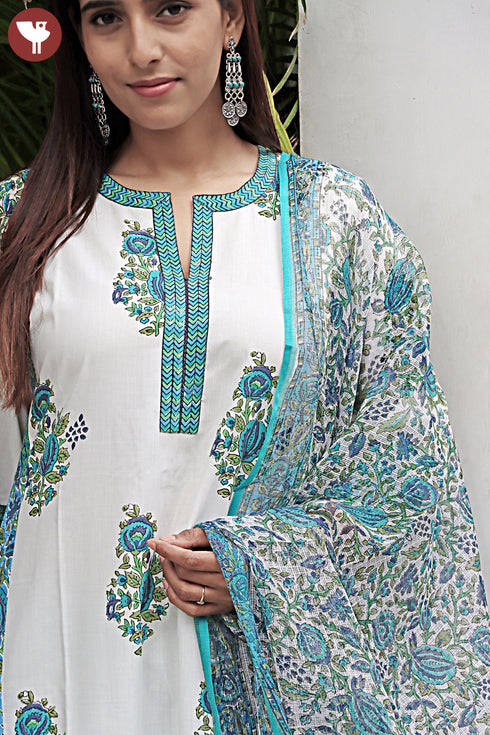 Bizzy Lizzy Kurta Pant Set With Kota Dupatta In Block Print