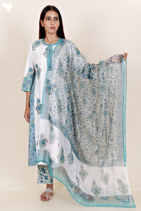 Bizzy Lizzy Kurta Pant Set With Kota Dupatta In Block Print