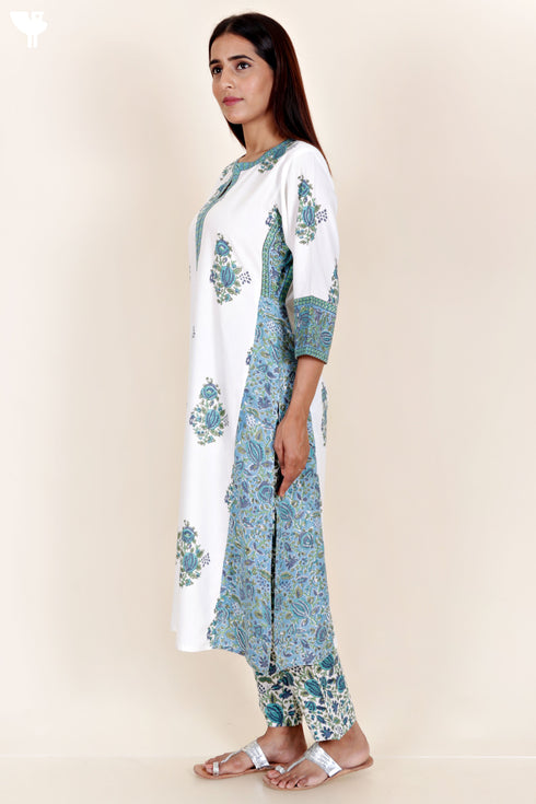 Bizzy Lizzy Kurta Pant Set With Kota Dupatta In Block Print