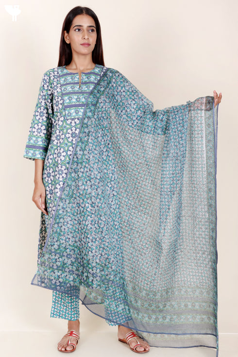 Bizzy Lizzy Kurta Pant Set With Kota Dupatta In Block Print