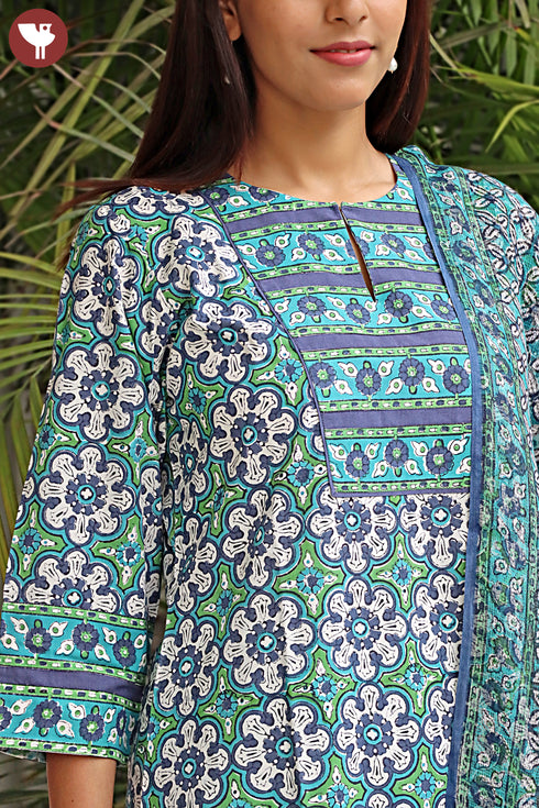 Bizzy Lizzy Kurta Pant Set With Kota Dupatta In Block Print