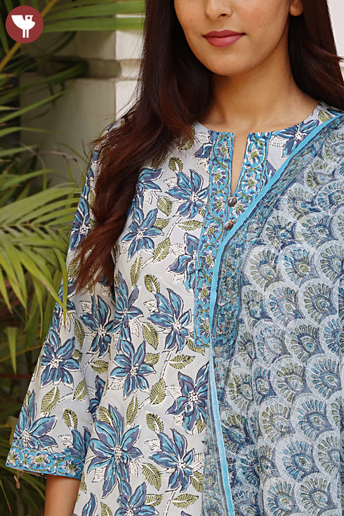 Bizzy Lizzy Kurta Pant Set With Kota Dupatta In Block Print