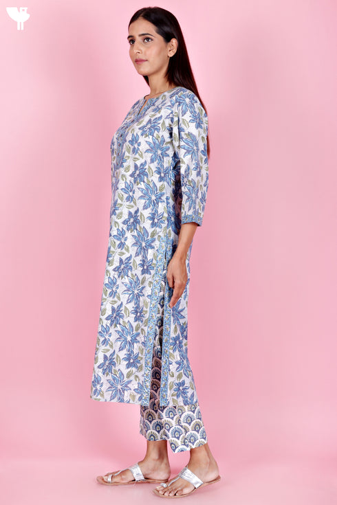 Bizzy Lizzy Kurta Pant Set With Kota Dupatta In Block Print