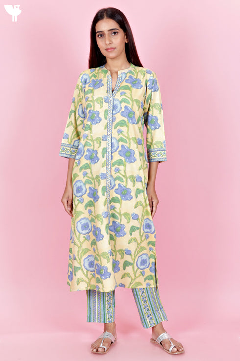 Bizzy Lizzy Kurta Pant Set With Kota Dupatta In Block Print