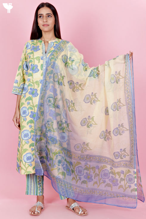 Bizzy Lizzy Kurta Pant Set With Kota Dupatta In Block Print