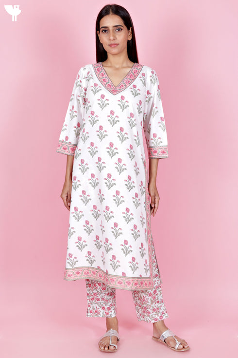Bizzy Lizzy Kurta And Pant Set With Kota Dupatta In Block Print
