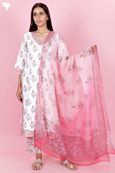Bizzy Lizzy Kurta And Pant Set With Kota Dupatta In Block Print