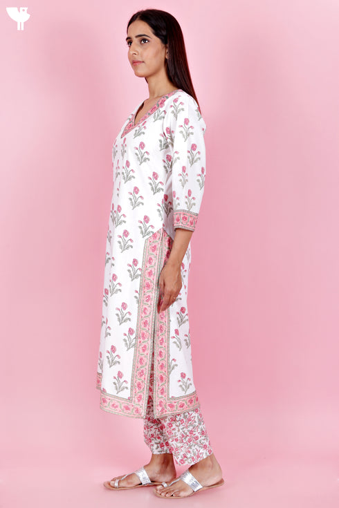 Bizzy Lizzy Kurta And Pant Set With Kota Dupatta In Block Print
