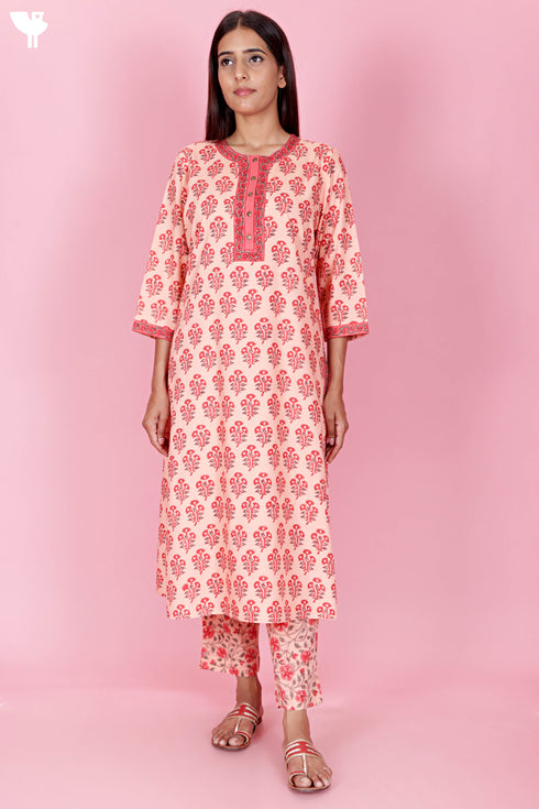 Bizzy Lizzy Kurta Pant Set With Kota Dupatta In Block Print