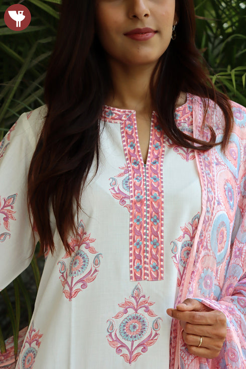 Bizzy Lizzy Kurta And Pant Set With Kota Dupatta In Block Print