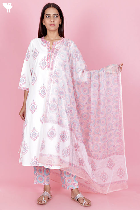 Bizzy Lizzy Kurta And Pant Set With Kota Dupatta In Block Print