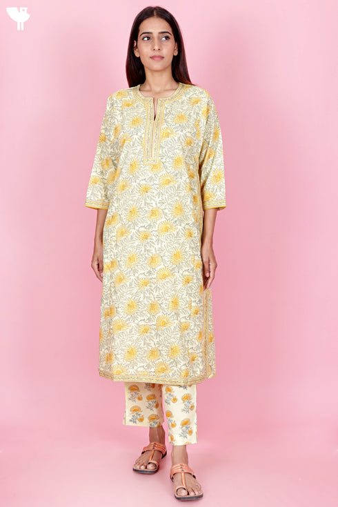 Bizzy Lizzy Kurta Pant Set With Kota Dupatta In Block Print