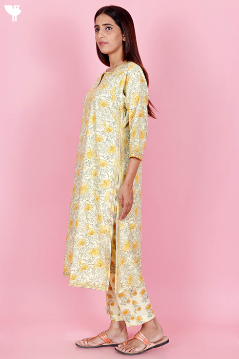 Bizzy Lizzy Kurta Pant Set With Kota Dupatta In Block Print