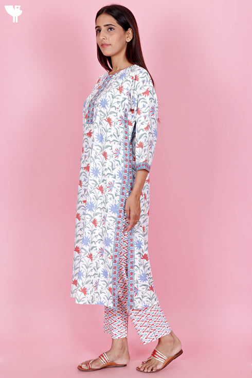 Bizzy Lizzy Kurta Pant Set With Kota Dupatta In Block Print