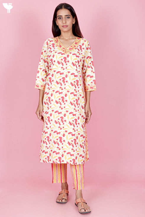 Bizzy Lizzy Kurta Pant Set With Kota Dupatta In Block Print