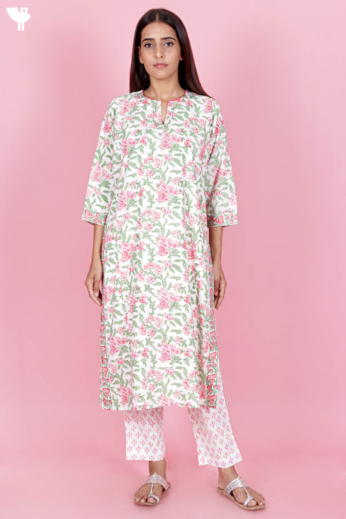 Bizzy Lizzy Kurta Pant Set With Kota Dupatta In Block Print