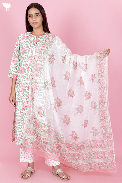 Bizzy Lizzy Kurta Pant Set With Kota Dupatta In Block Print
