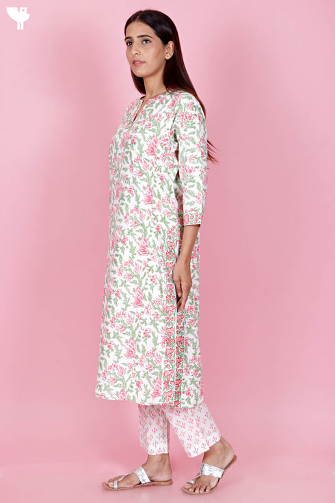 Bizzy Lizzy Kurta Pant Set With Kota Dupatta In Block Print