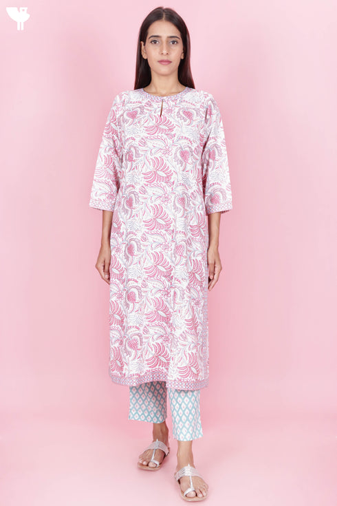 Bizzy Lizzy Kurta Pant Set With Kota Dupatta In Block Print