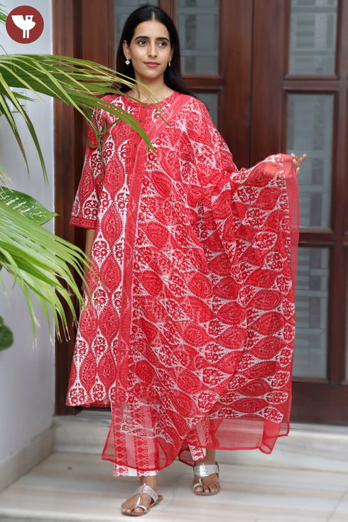Bizzy Lizzy Kurta Pant Set With Kota Dupatta In Block Print