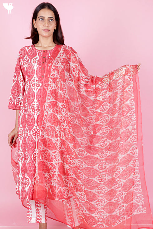 Bizzy Lizzy Kurta Pant Set With Kota Dupatta In Block Print