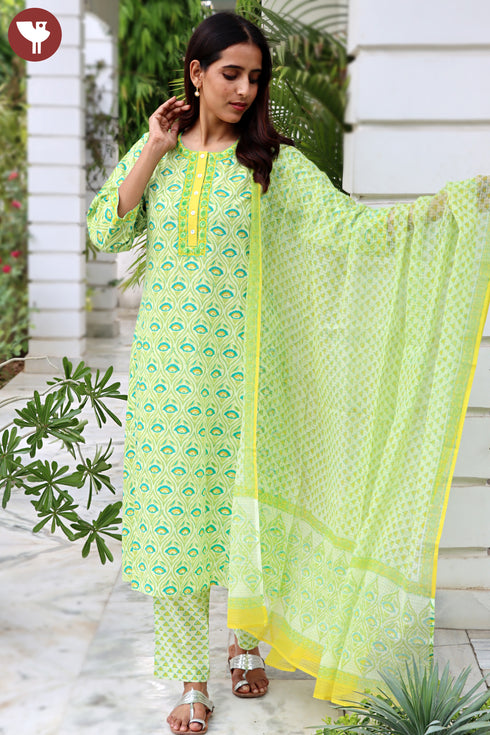 Bizzy Lizzy Kurta Pant Set With Kota Dupatta In Block Print