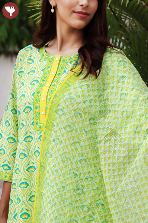 Bizzy Lizzy Kurta Pant Set With Kota Dupatta In Block Print