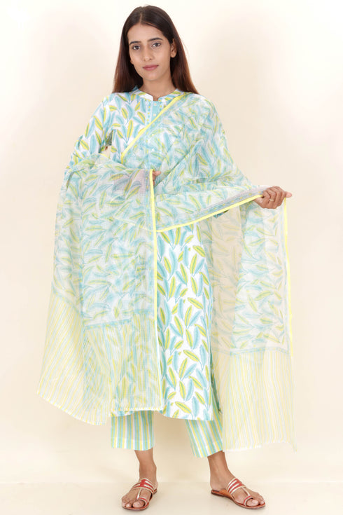Cambric Cotton Kurta And Pant Set With Kota Dupatta In Block Print