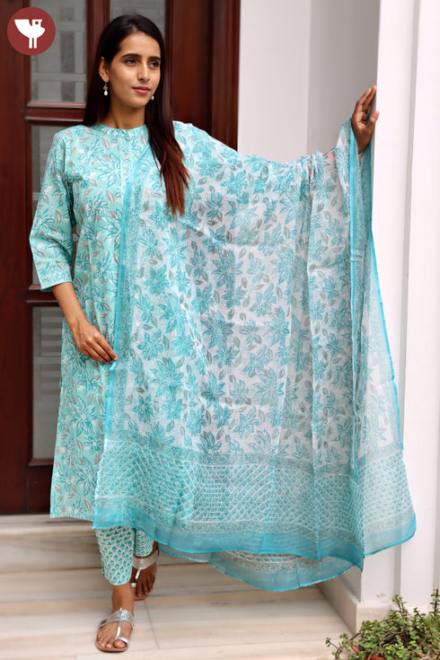 Cambric Cotton Kurta And Pant Set With Kota Dupatta In Block Print