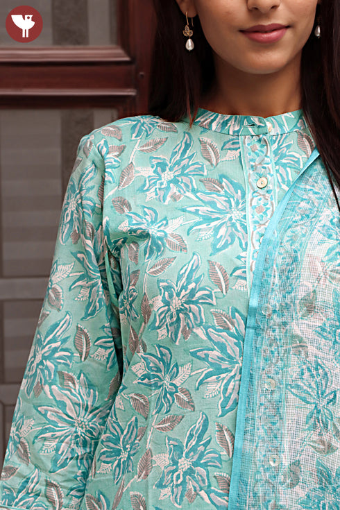 Cambric Cotton Kurta And Pant Set With Kota Dupatta In Block Print