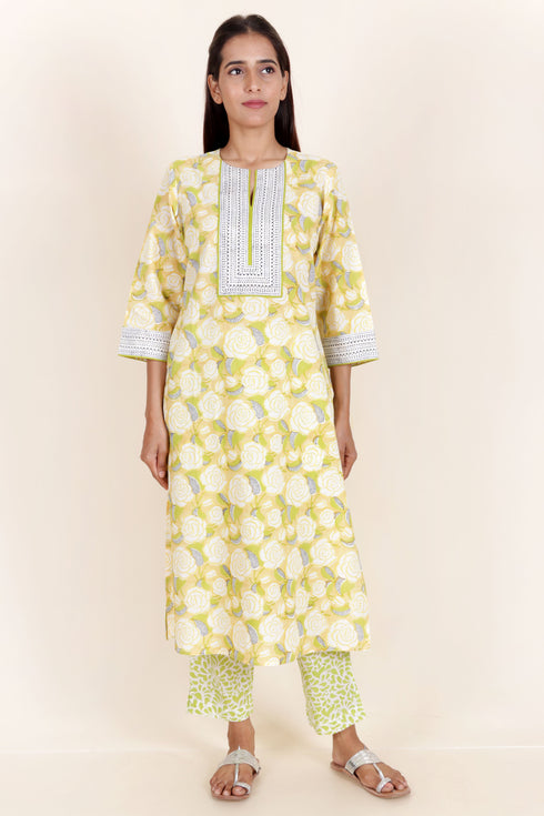Cambric Cotton Kurta And Pant Set With Kota Dupatta In Block Print