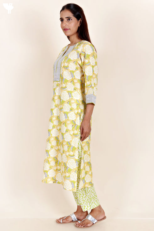 Cambric Cotton Kurta And Pant Set With Kota Dupatta In Block Print