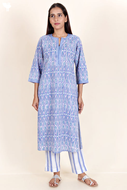 Cambric Cotton Kurta Pant Set With Kota Dupatta In Block Print