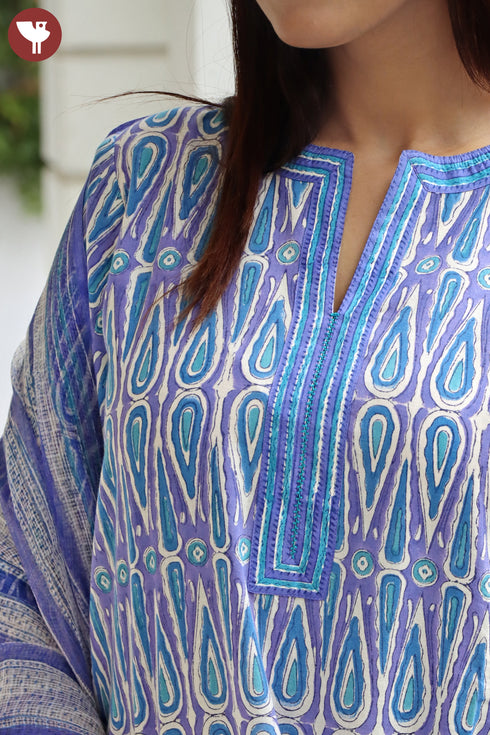 Cambric Cotton Kurta Pant Set With Kota Dupatta In Block Print