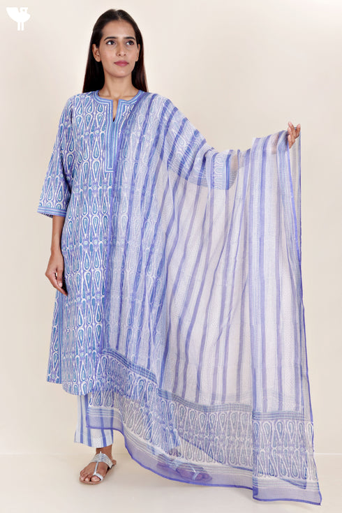 Cambric Cotton Kurta Pant Set With Kota Dupatta In Block Print