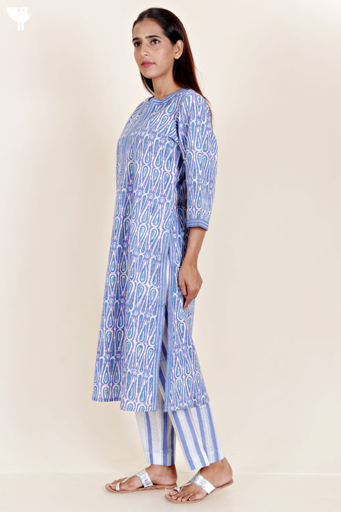 Cambric Cotton Kurta Pant Set With Kota Dupatta In Block Print