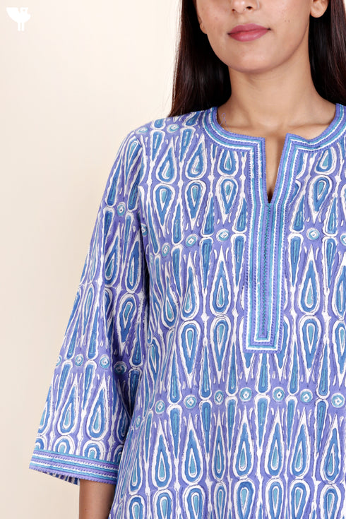 Cambric Cotton Kurta Pant Set With Kota Dupatta In Block Print