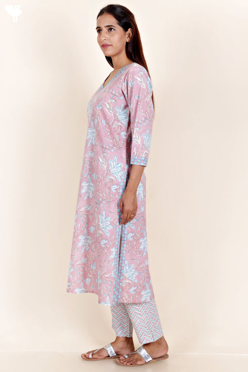 Cotton Kurta And Pant Set With Kota Dupatta In Block Print