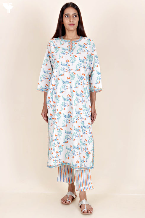 Cotton Kurta Pant Set With Kota Dupatta In Block Print